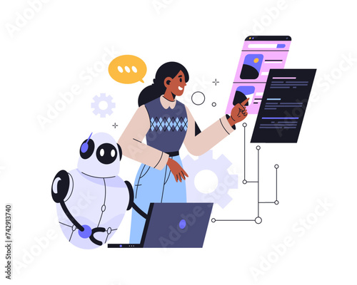 Artificial intelligence help analyze data. Vector graphic for ai machine or robot system, chat bot that converting text to image. Cyber innovation for analytics. Internet intellect technology
