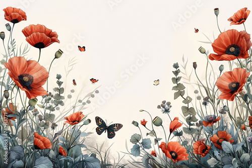 Elegant poppies and butterflies on a soft gray background