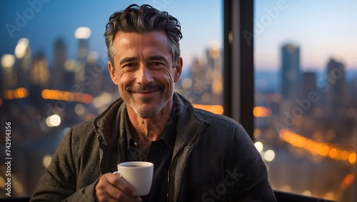 An early morning snapshot of a man sipping coffee, smiling contentedly with the pre-dawn cityscape hazily blurred behind him, capturing a moment of solitude and anticipation. generative AI photo