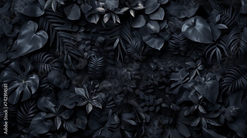  abstract black tropical leaves, with a focus on the intricate patterns and textures. 
