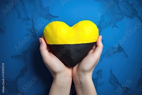 Two hands cradling a heart painted in the national colors of Ukraine. Hands Holding Heart in Ukrainian Flag Colors photo