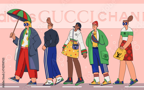 Vector people in brand clothing. Sign for cloth shop or branding store, fashion business. Man and woman in trendy or glamour apparel. Shopping sale illustration. Exclusive designer company cloth