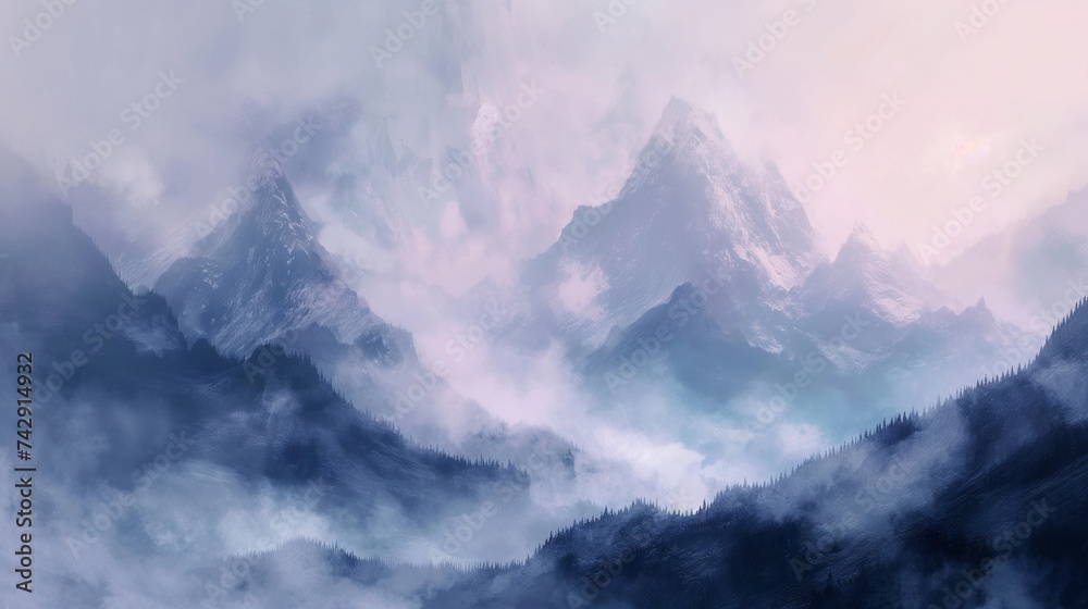 Capture the tranquil splendor of misted mountains with a digital watercolor technique. 