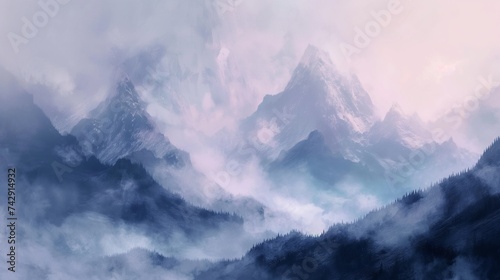 Capture the tranquil splendor of misted mountains with a digital watercolor technique.  © Muhammad