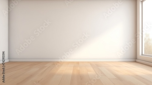 front view of empty room with white wall and wooden floor
