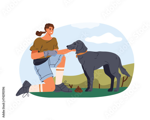 Vector illustration of cleaning dog excrement. Poster for pet waste clean outdoor. Flat cartoon poster for canine toilet. Puppy poo cleanup. Environment garbage pick up with disposable gloves.