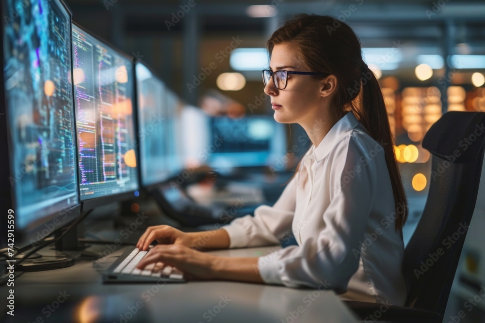 Mujer hacker o informatica trabajando en monitores Mujer hacker o informatica trabajando en monitores