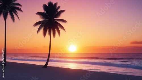 Fantastic view of sea water waves with orange sunlight at sunrise or sunset. Tropical beach landscape  exotic coast. Tropical beach with palm trees at sunset