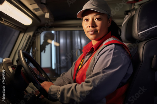A confident female delivery truck driver.