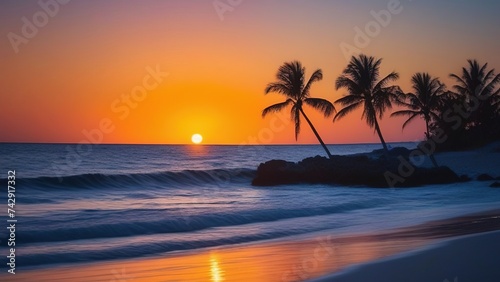 Fantastic view of sea water waves with orange sunlight at sunrise or sunset. Tropical beach landscape  exotic coast. Tropical beach with palm trees at sunset