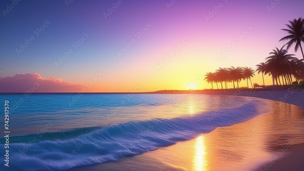 Fantastic view of sea water waves with orange sunlight at sunrise or sunset. Tropical beach landscape, exotic coast. Tropical beach with palm trees at sunset