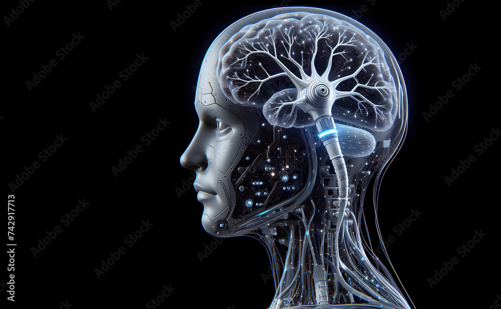 A robot head with brain A robot head with brain