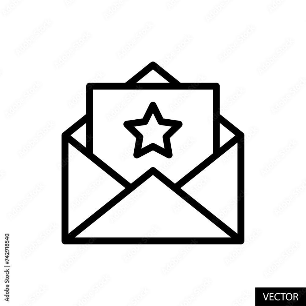 Mail with star symbol, starred emails sign, favorite email vector icon in line style design for website, app, UI, isolated on white background. Editable stroke. Vector illustration. Mail with star symbol, starred emails sign, favorite email vector icon in line style design for website, app, UI, isolated on white background. Editable stroke. Vector illustration.
