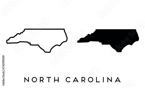 North Carolina state map silhouette and outline vector set