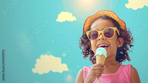 Joyful Girl Savoring Ice Cream Against Cloudy Backdrop