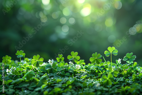 St. Patrick's Day with green clover and green background with copy space 