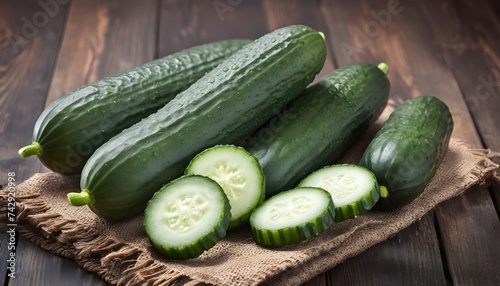 Fresh ripe cucumbers. On a wooden background
