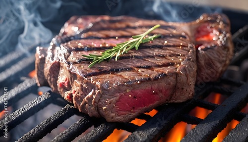 Grilled beef steak with spices on the grill with smoke photo