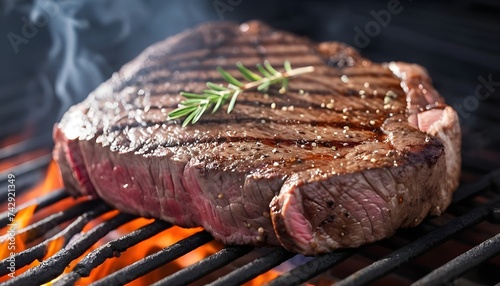 Grilled beef steak with spices on the grill with smoke