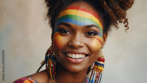 Portrait of happy african- american woman with rainbow painted on face. Lifestyle lgbtq pride concept