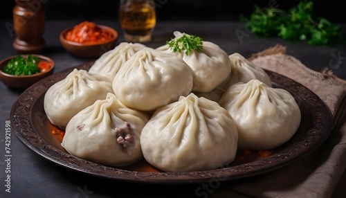 khinkali is a steamed Georgian dish of dough and ground beef. National cuisine, dark background