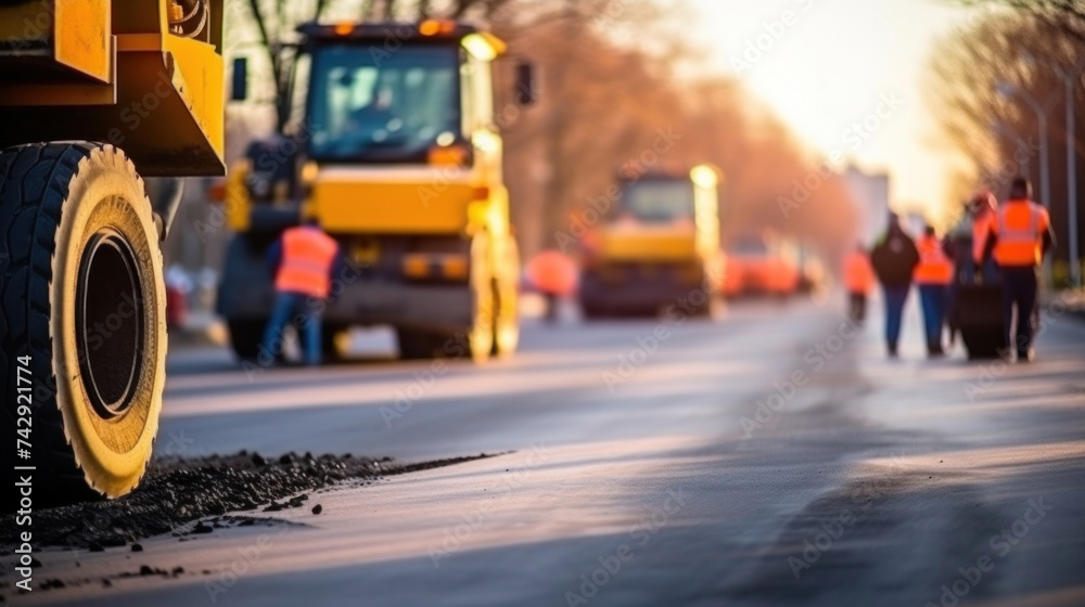 Construction of a new road, paving the road surface, Selective focus on asphalt road..
