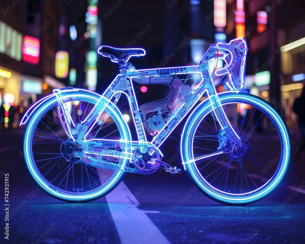 In the neon future bicycles are powered by glowing circuitry their frames lit up at night merging sustainability with technology
