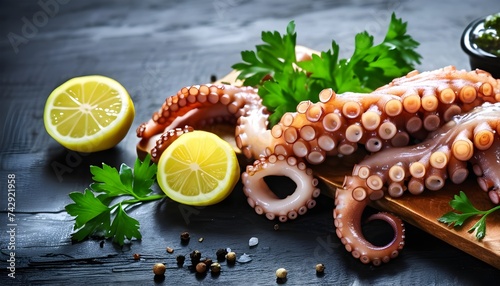 Octopus on a cutting Board with lemon, parsley and sauce. On black rustic background