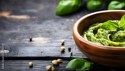 Pesto sauce in wooden bowl with Basil. On black rustic background photo