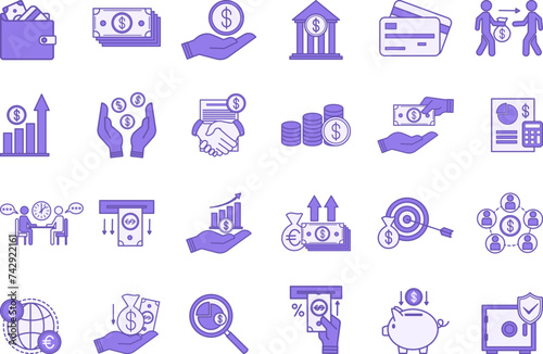 Colored Set of Finance Icons. Vector Icons of Money, Credit Cards, Lender, Increasing Income, Budget, Deposit, Withdrawing Money, Financial Monitoring, Bank, Mutual Fund, and Other