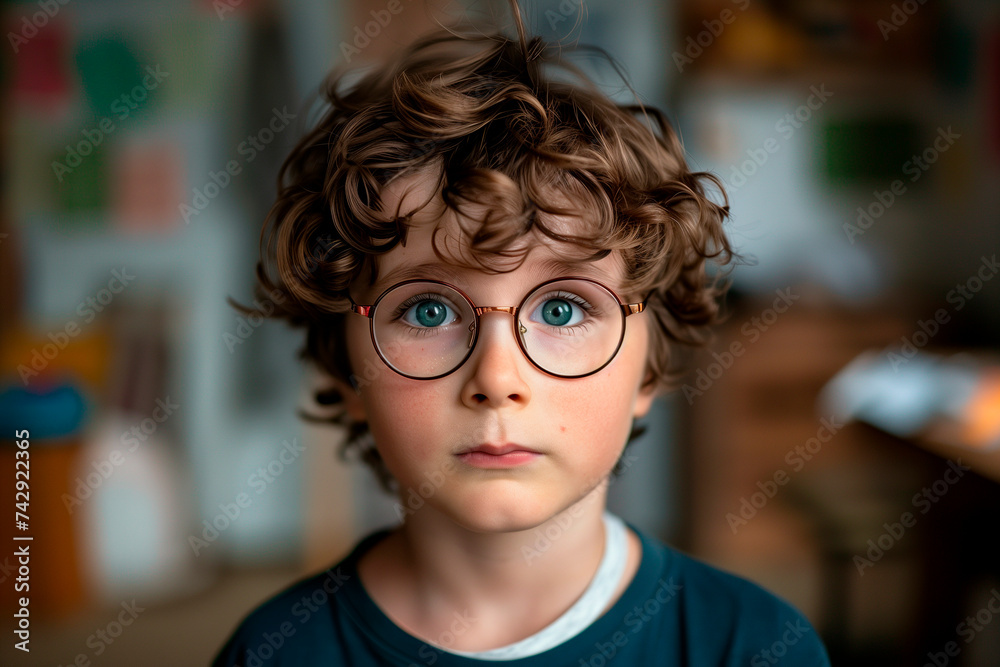 A portrait of a 6-year-old boy with short brown curly hair, green eyes, reading glasses, curious face. ideal for opticians, oculist. diopters, astigmatism A portrait of a 6-year-old boy with short brown curly hair, green eyes, reading glasses, curious face. ideal for opticians, oculist. diopters, astigmatism
