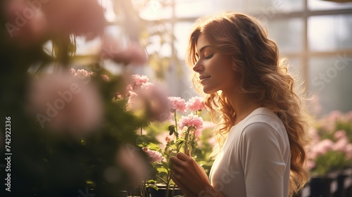 Attractive cute woman gardener smelling pink flowers in pot with eyes closed in greenhouse photo