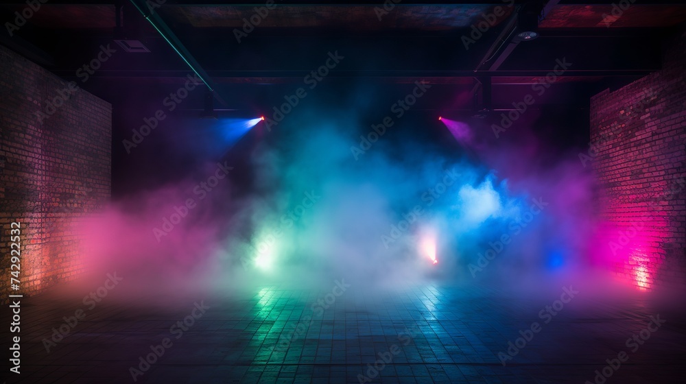 Background of an empty room with brick walls and neon lights, laser lines and multi-colored smoke