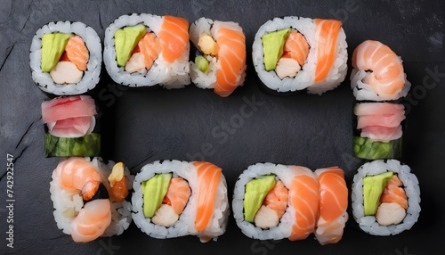 Set of different sushi rolls with salmon, chicken, shrimp and vegetables. On black rustic background