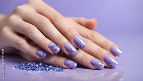 Stylish trendy women s manicure. Blue and lilac color gel Polish. Care. Female hand. Lilac background with sequins