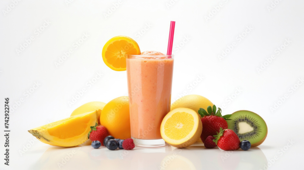 Fototapeta premium Fresh fruit smoothies fruits orange juice drink straw in a cup on white background.