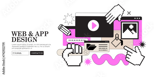 Pixel hands work on website or application, ui ux design and programming on computer. Team of designers do research and prototyping. Web studio or mobile app concept for banner, ads, landing page.