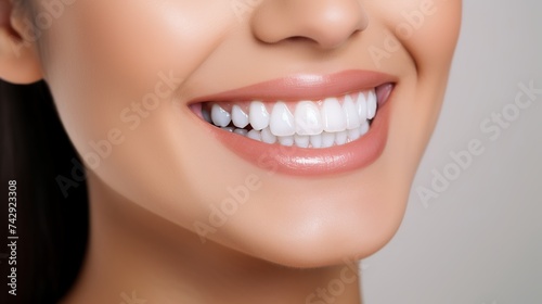 Close up face of young woman with beautiful smile isolated on grey wall with copy space. Successful multiethnic girl. Latin woman looking at camera against gray wall with a big whitening teeth smile