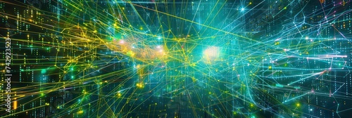 Abstract network connections with nodes and light flares. Background for technological processes, science, presentations, etc