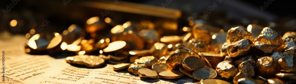 Natural gold nuggets displayed on a map with mining pan, symbolizing the search for wealth and the adventure of gold prospecting. Natural gold nuggets displayed on a map with mining pan, symbolizing the search for wealth and the adventure of gold prospecting.