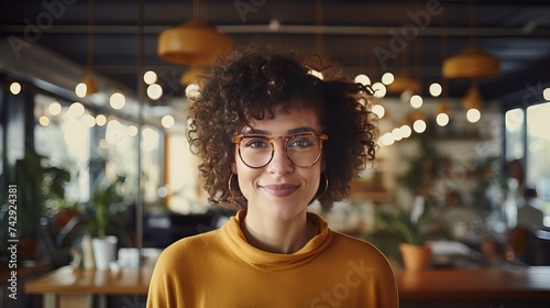 Close Up Portrait of a Young Latina with Short Dark Hair and Glasses Posing for Camera in Creative Office. Beautiful Diverse Multiethnic Hispanic Female Wearing Yellow Jumper is Happy and Smiling
