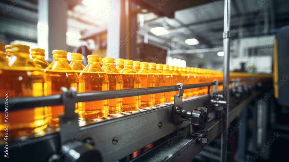 Belt or line in a fresh orange beverage with modern automated industrial machine equipment, Bottling plant and colorful juice beverage plastic bottle in the factory.