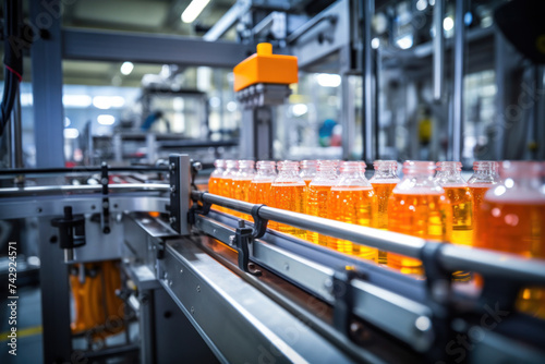 Belt or line in a fresh orange beverage with modern automated industrial machine equipment, Bottling plant and colorful juice beverage plastic bottle in the factory. © Wararat