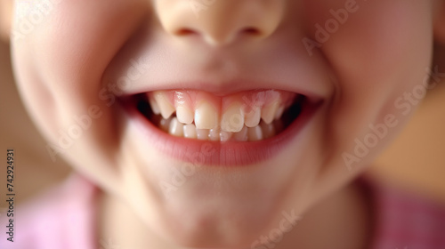Close-up of smiling little girl with healthy teeth, shallow depth of field