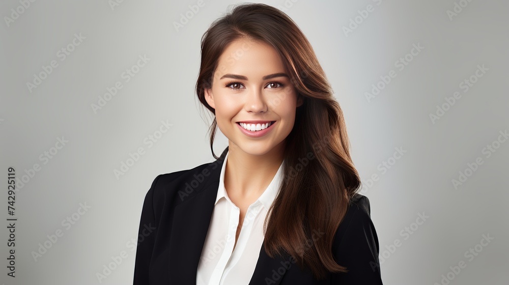 Close-up portrait of beautiful young businesswoman looking happy and confident to the left. Big smile on her face, looking beautiful and cheerful standing isolated on white background Close-up portrait of beautiful young businesswoman looking happy and confident to the left. Big smile on her face, looking beautiful and cheerful standing isolated on white background