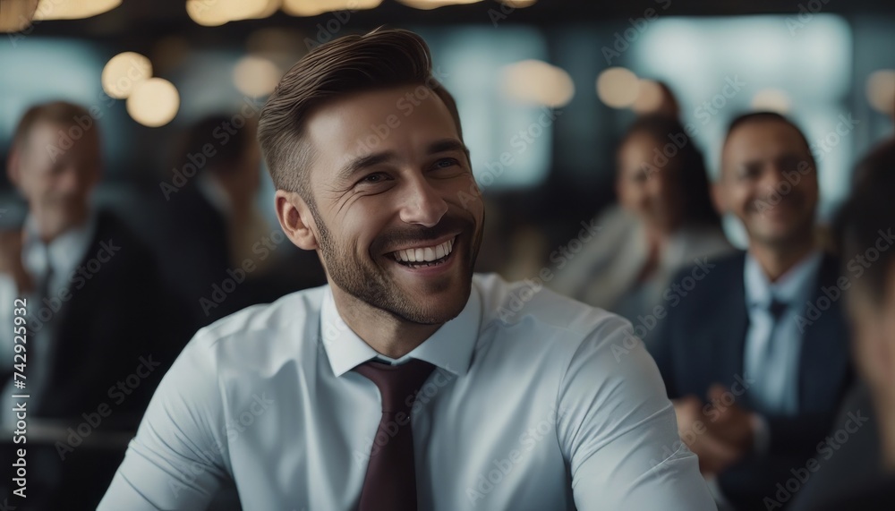 Charismatic Businessman Sharing a Laugh with Colleagues in a Modern Corporate Environment, Networking