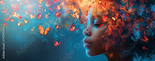 Profile portrait of a beautiful African American woman on a blue background and flying orange butterflies. World Mental Health Day