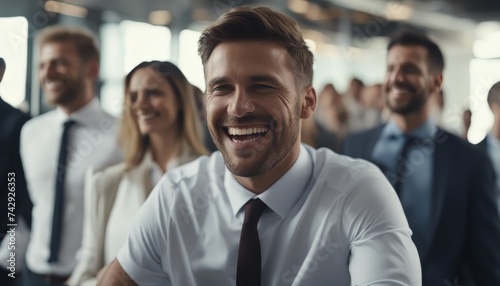 Charismatic Businessman Sharing a Laugh with Colleagues in a Modern Corporate Environment, Networking