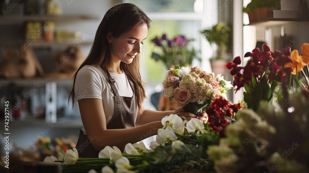 Florist arranging a bouquet of beautiful colorful flowers inside her floral shop