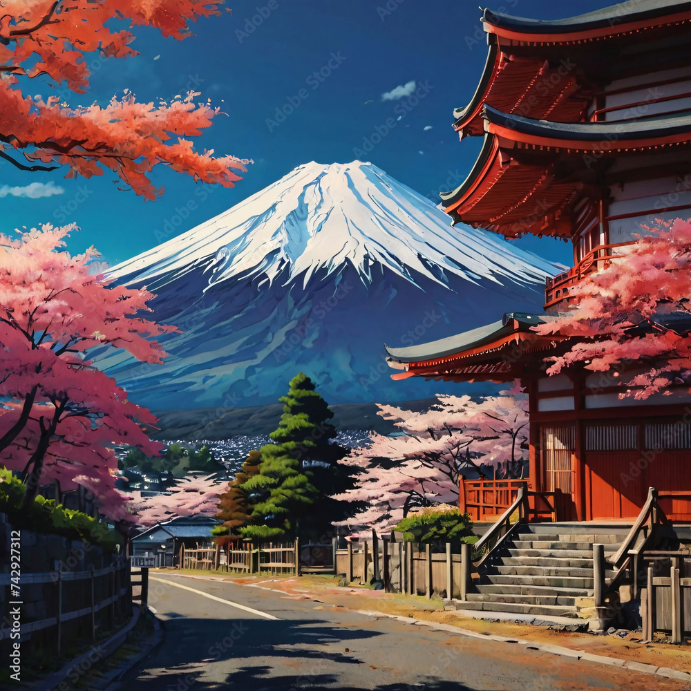 Inspired View of Mount Fuji with Vibrant Village Foreground.